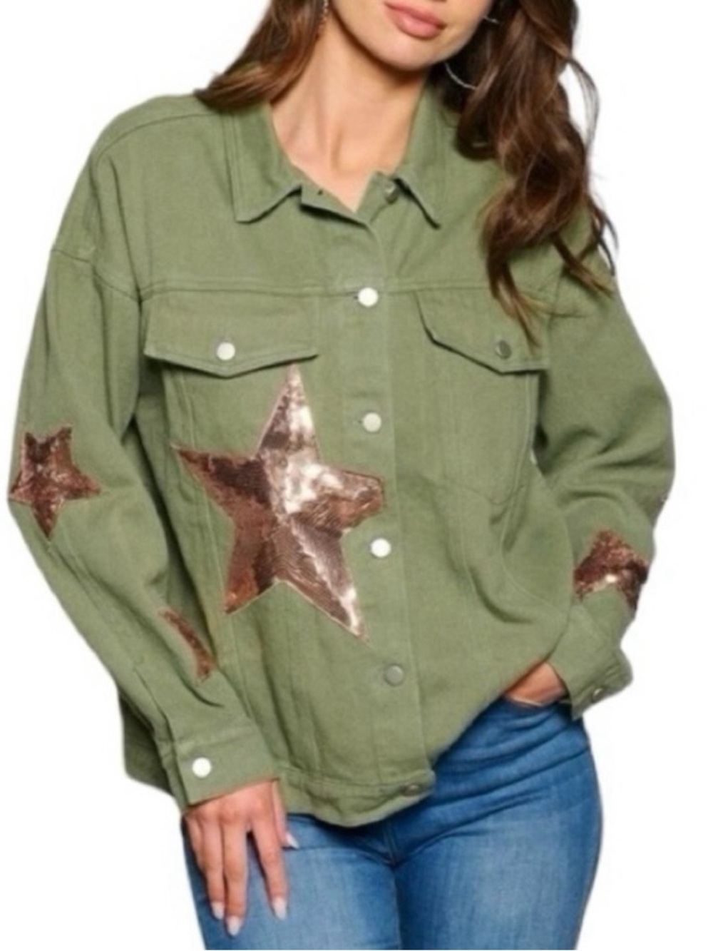 BLUE VELVET Olive Jacket with Gold Sequined Star Accents - RUNS BIG